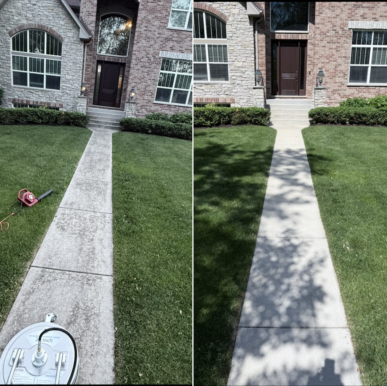 Front entry concrete walkway before and after pressure washing
